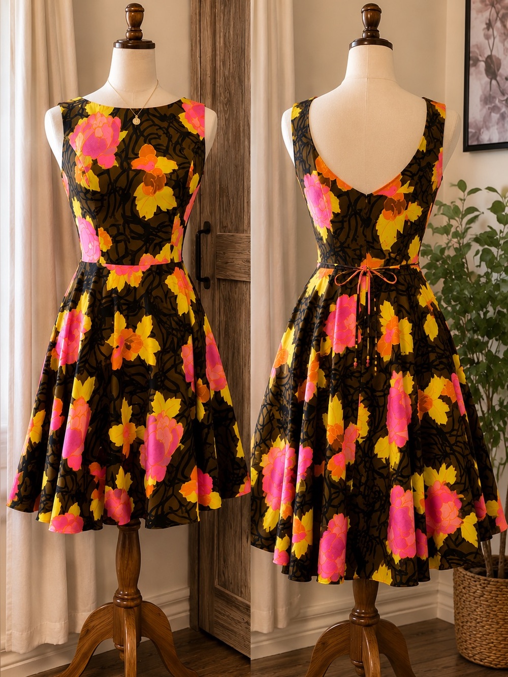 Vintage 60s Psychedelic Floral Dress Mod Flower Power Low Back Fit & Flare